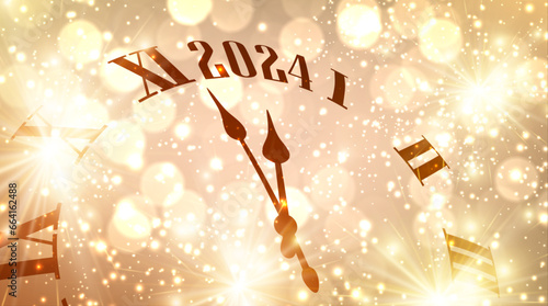 New Year 2024 countdown clock over golden background with fireworks and defocused lights.