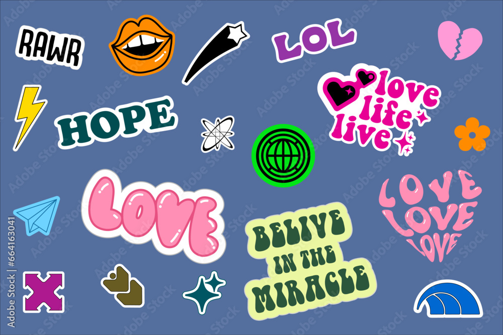 Fototapeta premium Cool trendy retro stickers with smile faces, cartoon comic label patches. Funky, hipster retrowave stickers in geometric shapes. Vector illustration of y2k , 90s graphic design