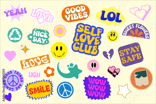 Cool trendy retro stickers with smile faces, cartoon comic label patches. Funky, hipster retrowave stickers in geometric shapes. Vector illustration of y2k , 90s graphic design