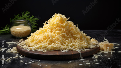 Grated cheese over a dark background.