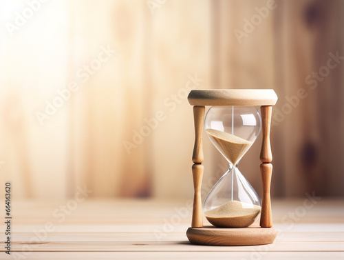Classic wooden hourglass on wooden table. © Shanorsila