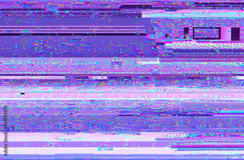 A vibrant abstract digital glitch background shows a chaotic pattern of distorted purple, blue, and pink horizontal lines, pixel noise, and screen error artifacts.