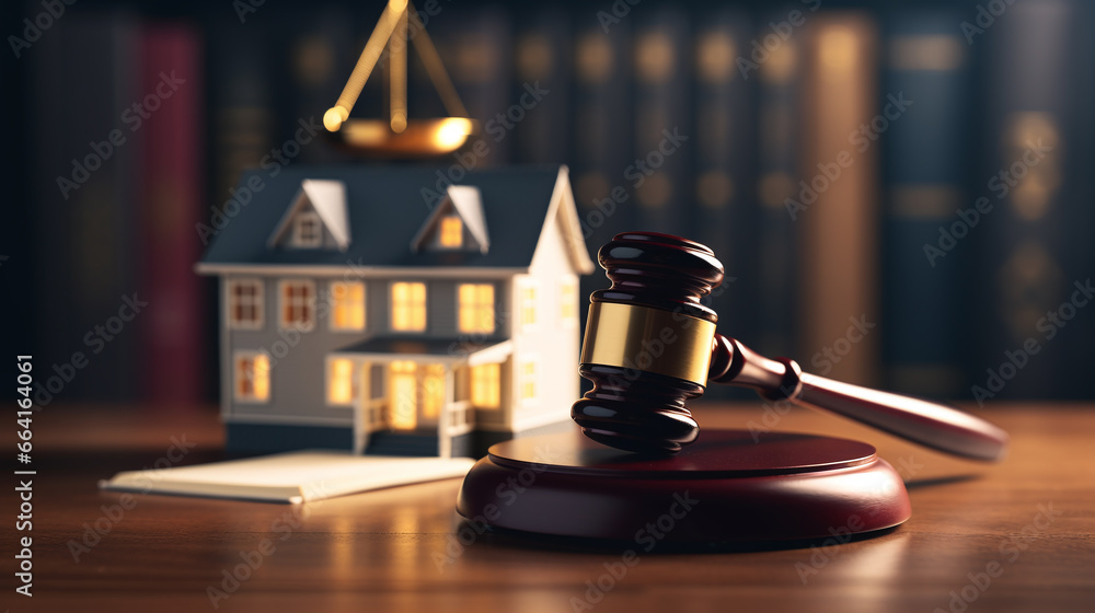 Concept of real estate auction, legal system and property division after divorce. Gavel and house model on a wooden background. Concept of real estate auction, legal system and property division after divorce. Gavel and house model on a wooden background.