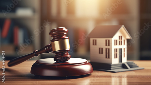 Concept of real estate auction, legal system and property division after divorce. Gavel and house model on a wooden background. photo