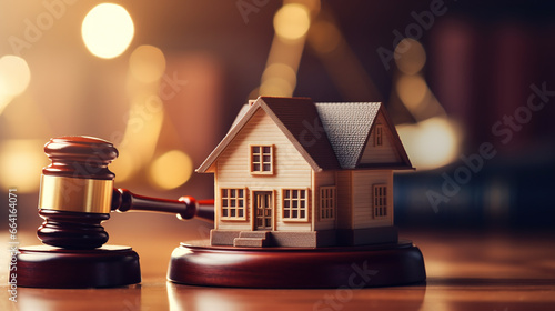 Concept of real estate auction, legal system and property division after divorce. Gavel and house model on a wooden background. photo