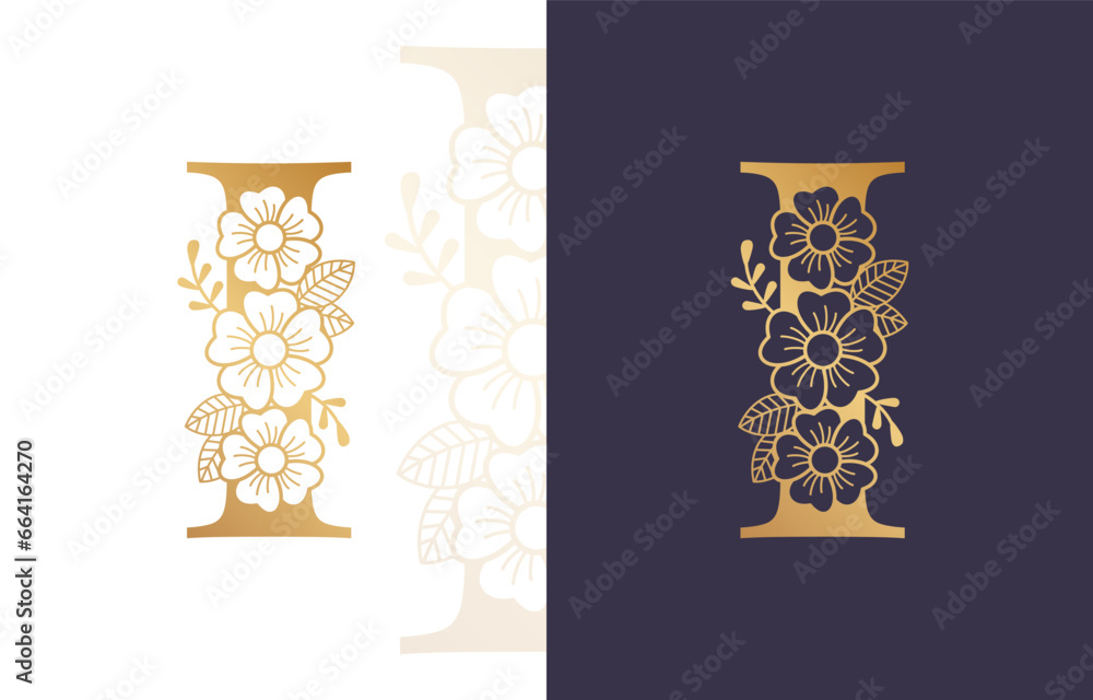 Botanical Letter I Monogram, Floral Alphabet Logo Design