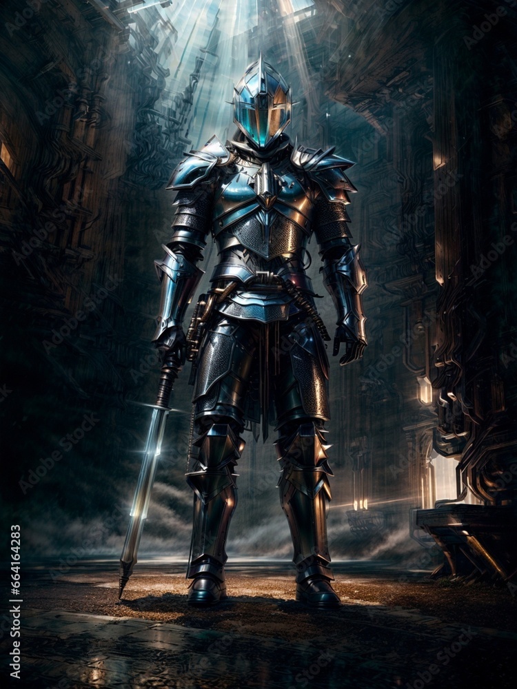 Fototapeta premium Knight, shining armor, preparing for battle, cinematic, fantasy and RPG, design