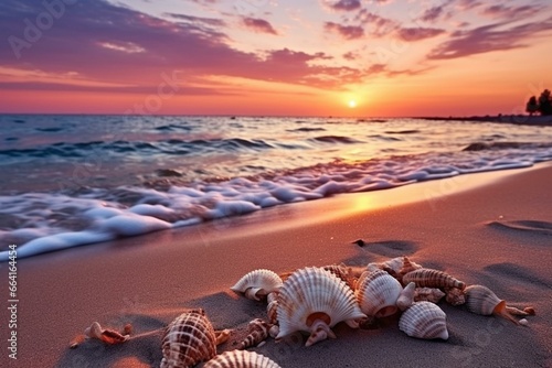 Sundown scenery with seashells on sandy shore. Scenic outdoor view. Generative AI