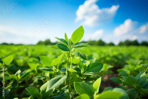 Green soybean plants in agricultural landscape. Generative AI