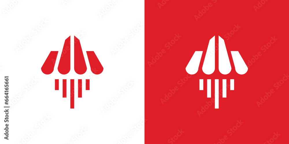 logo design combining the shape of a shop with a rocket. logo design combining the shape of a shop with a rocket.