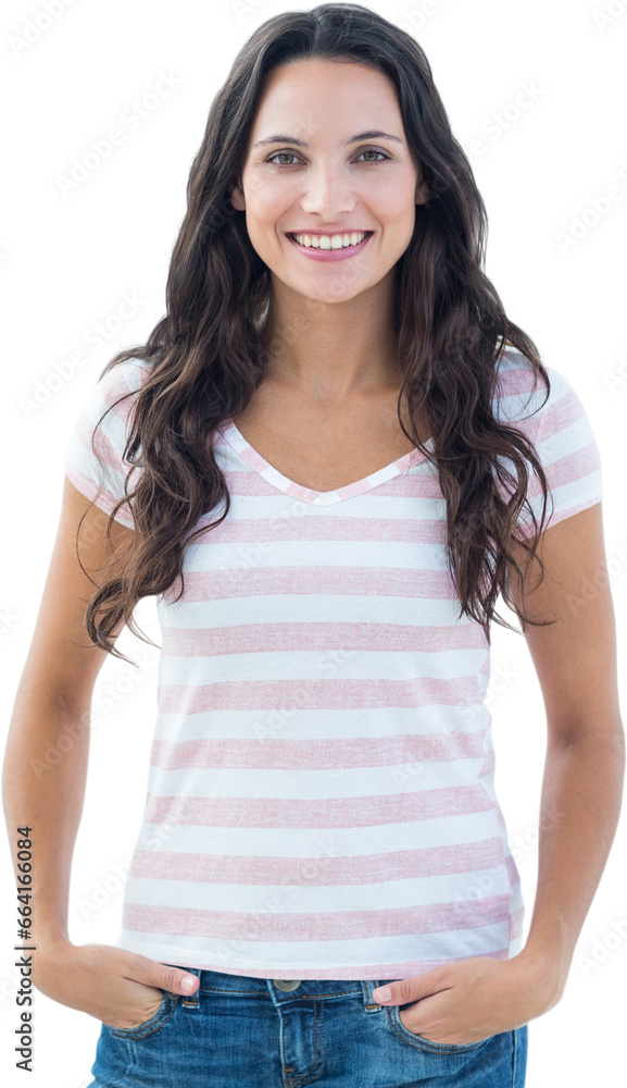 Digital png photo of happy caucasian woman with hands in pockets on transparent background Digital png photo of happy caucasian woman with hands in pockets on transparent background