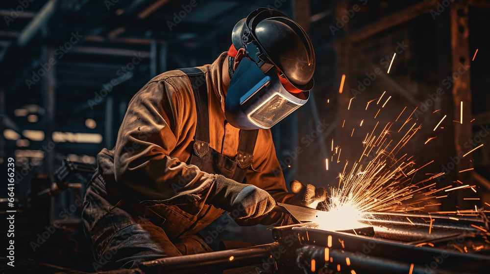 Professional welder in a factory. Heavy industry engineering. Professional welder in a factory. Heavy industry engineering.