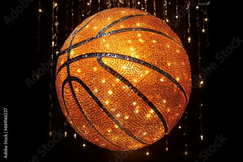 large sparkling sequined basketball hanging, dazzling disco ball, captivating display, expressive statement, created using technology. Generative AI © Elowen