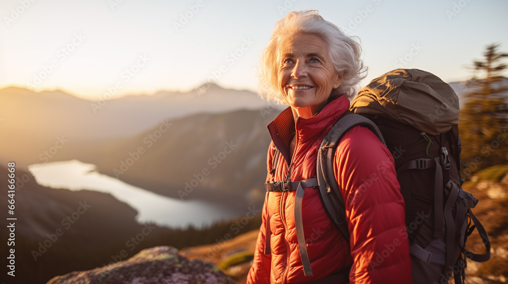 Naklejka premium Potrait of senior female hiker standing outdoor.