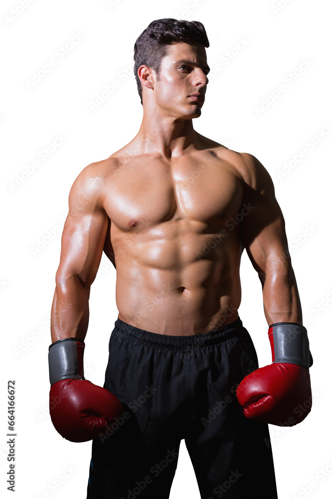 Digital png photo of happy caucasian boxer standing with boxing gloves on transparent background