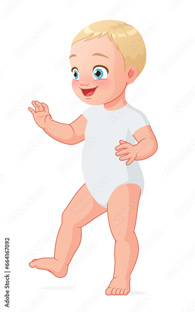 Cute and happy little toddler walking. Vector illustration isolated on white background.
