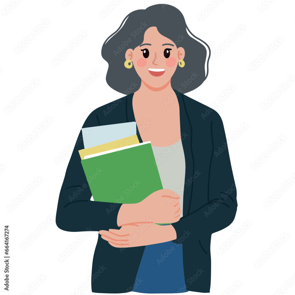Portrait young woman bringing documents and books on her hands illustration