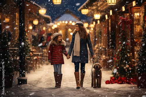 A mom with her daughter and a dog take a walk through the festive Christmas city in the evening, with snow on the ground.