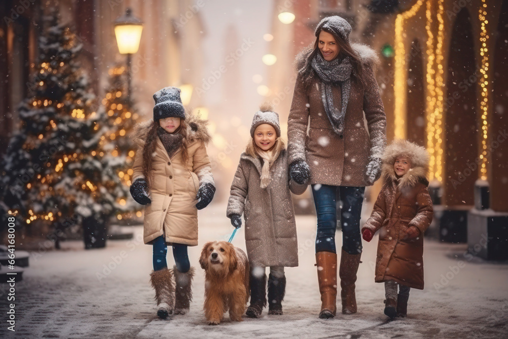 mother with her three children and their dog enjoys a delightful walk through the snow-covered city, surrounded by the festive New Year atmosphere, as they pass by elegantly adorned shop windows