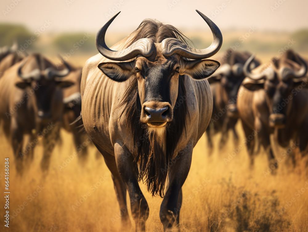 Wildebeest standing and looking at the camera. Wildebeest standing and looking at the camera.