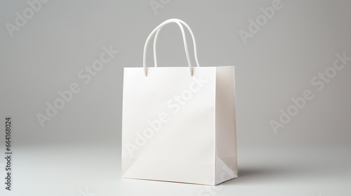 Blank white paper shopping bag on white background.