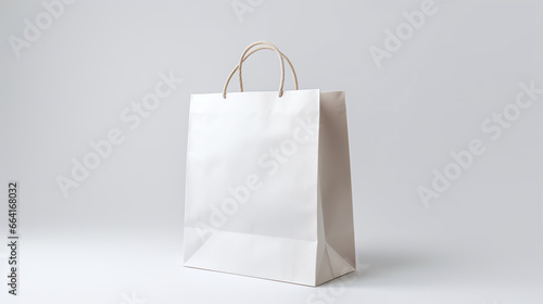 Blank white paper shopping bag on white background.