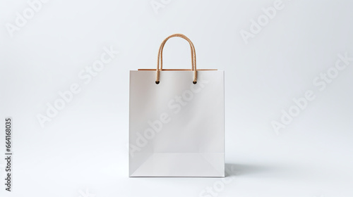 Blank white paper shopping bag on white background.