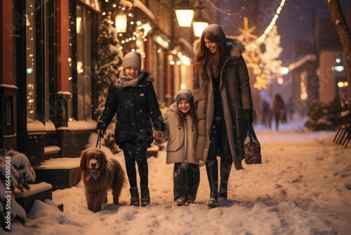 mother walks with her two children and a dog through the snow-covered streets of a beautifully illuminated evening city. © Anna