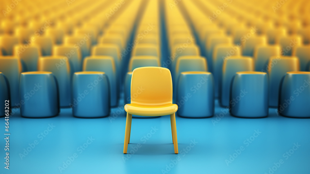 Fototapeta premium Yellow chair standing out from the other chairs.