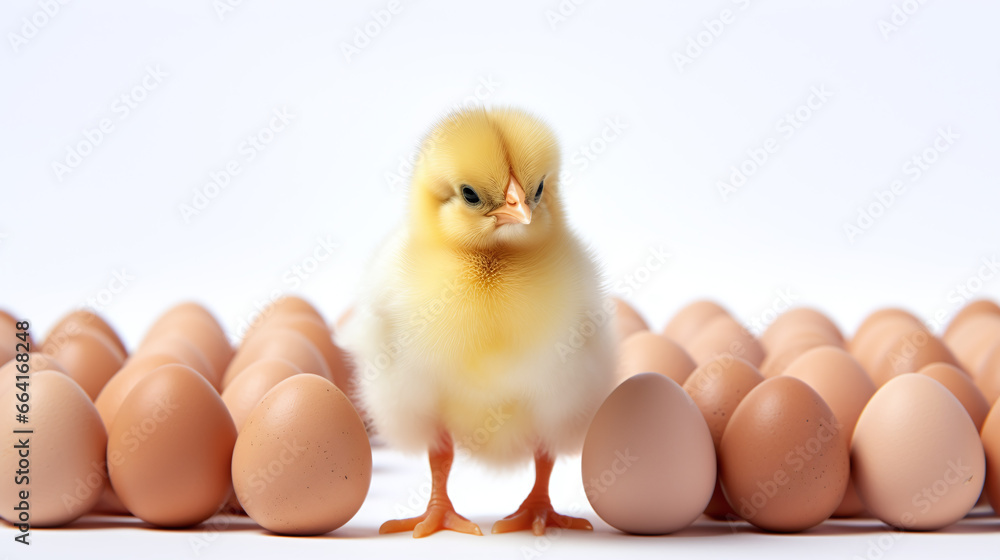 Young chick and eggs isolated on white background.
