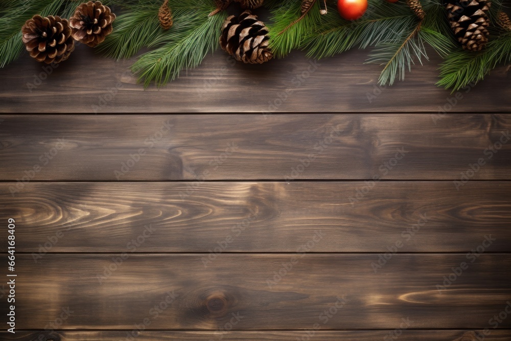 Christmas decorated wooden background with copy space, banner, poster. Generative AI Christmas decorated wooden background with copy space, banner, poster. Generative AI