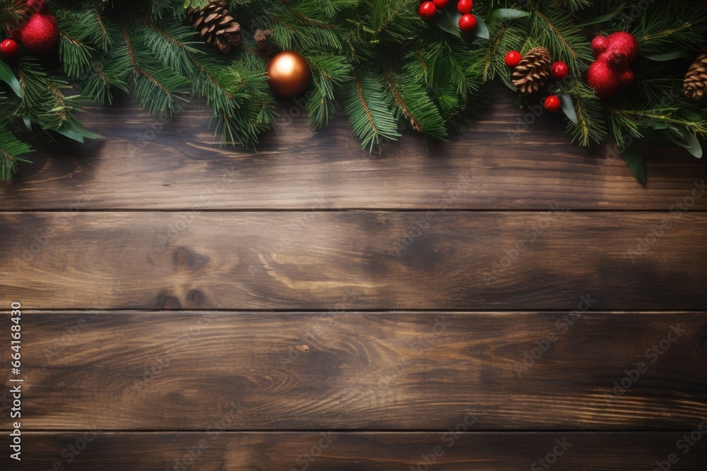 Christmas decorated wooden background with copy space, banner, poster. Generative AI Christmas decorated wooden background with copy space, banner, poster. Generative AI