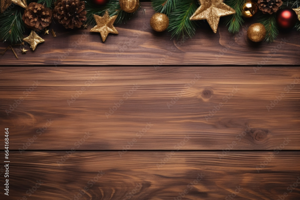 Christmas decorated wooden background with copy space, banner, poster. Generative AI Christmas decorated wooden background with copy space, banner, poster. Generative AI