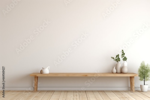 Minimal style Room with blank wall and wooden table © Nijieimu
