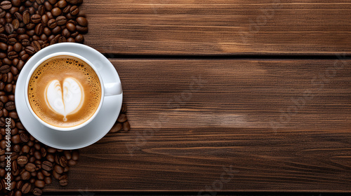 Top view of hot coffee on wooden background with copy space.