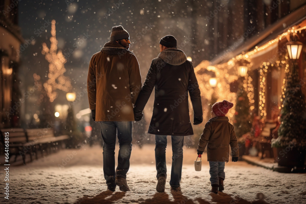 couple, two men, and their son take a nighttime walk through the snowy city, surrounded by the glow of street lamps and garlands