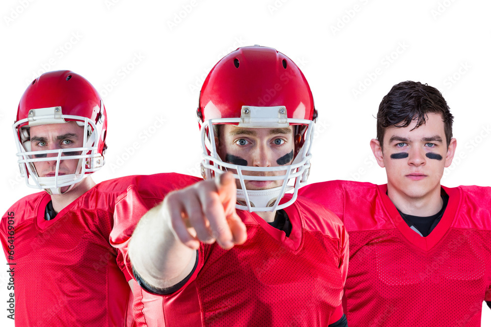 Digital png photo of caucasian male american football players on transparent background