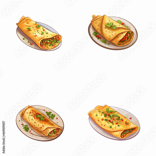 set of happy cute masala dosa watercolor illustrations for printing on baby clothes, pattern, sticker, postcards, print, fabric, and books