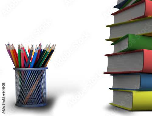 Digital png illustration of colourful pencils and stack of books on transparent background