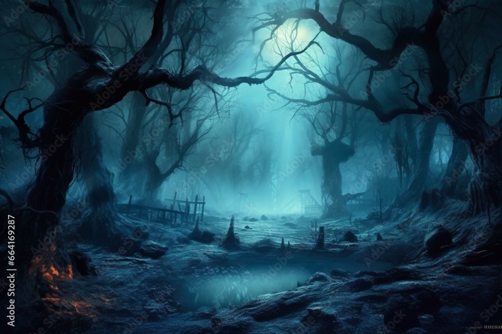 Eerie night landscape of a haunted forest with a fantasy Halloween vibe, depicted in digital art. Generative AI