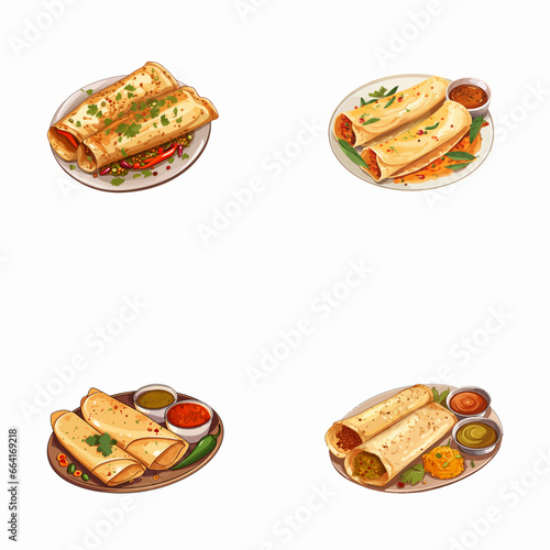 set of happy cute masala dosa watercolor illustrations for printing on baby clothes, pattern, sticker, postcards, print, fabric, and books