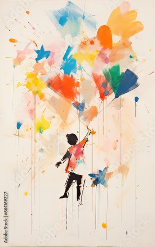 Delicate pencil outlines merge with watercolor hues, capturing a child's innocent delight holding vibrant balloons. 