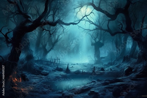 Eerie night landscape of a haunted forest with a fantasy Halloween vibe, depicted in digital art. Generative AI