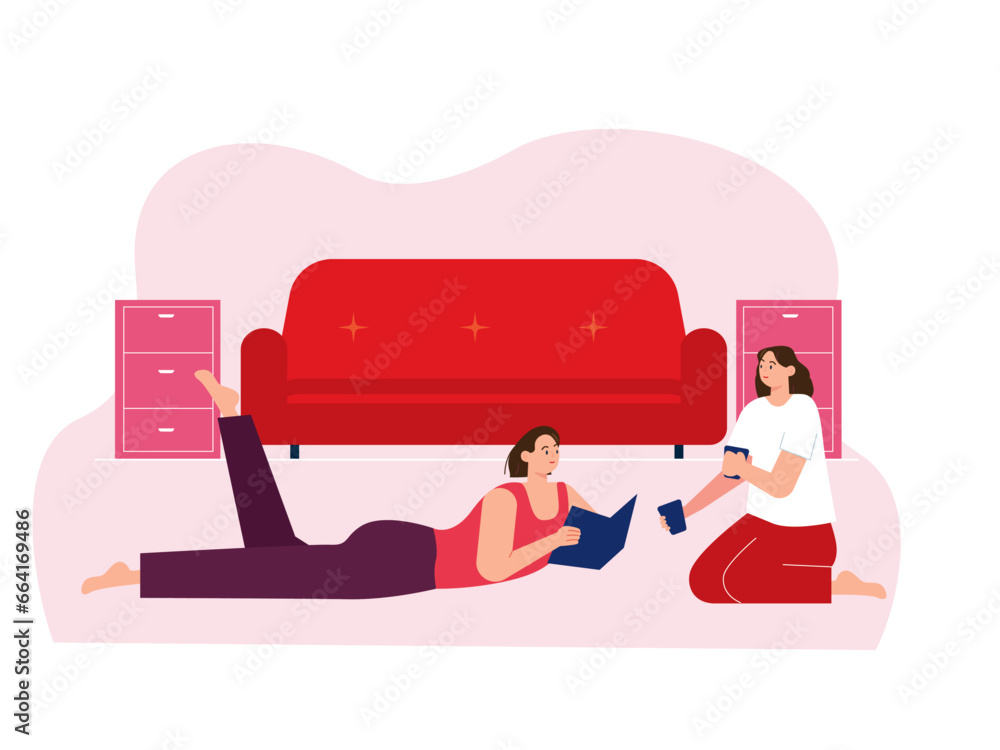 Woman is relaxing on the floor. Home activity vector illustration.