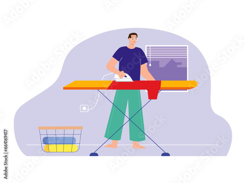 Man is ironing. Home activity vector illustration.