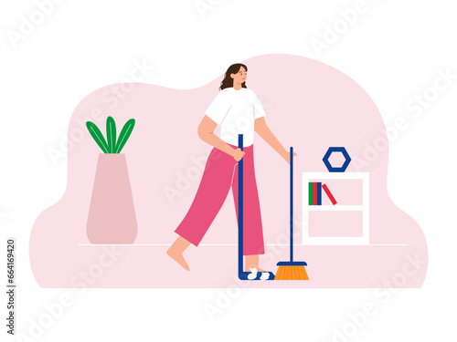 Woman cleaning house with broom. Home activity vector illustration.