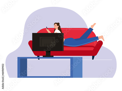 Women are relaxing and watching TV. Home activity vector illustration.