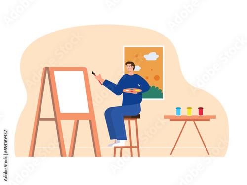 Man is painting. Home activity vector illustration.