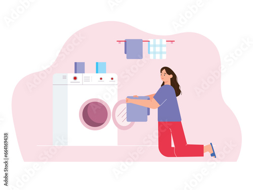 Woman is washing. Home activity vector illustration.