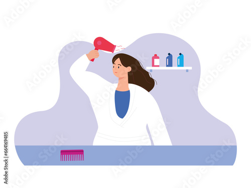Woman is drying her hair with hairdryer. Home activity vector illustration.